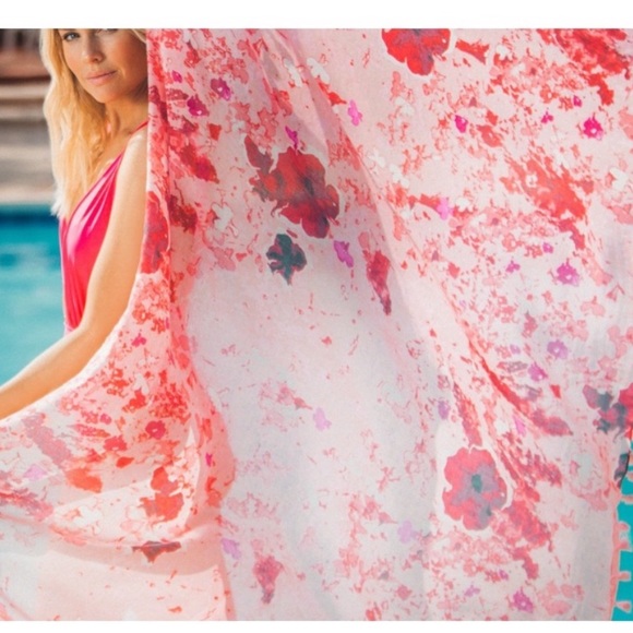 Peter Som Red & White Floral Fringe Very Soft Sarong In Rose Quartz NWT O/S - Picture 8 of 13